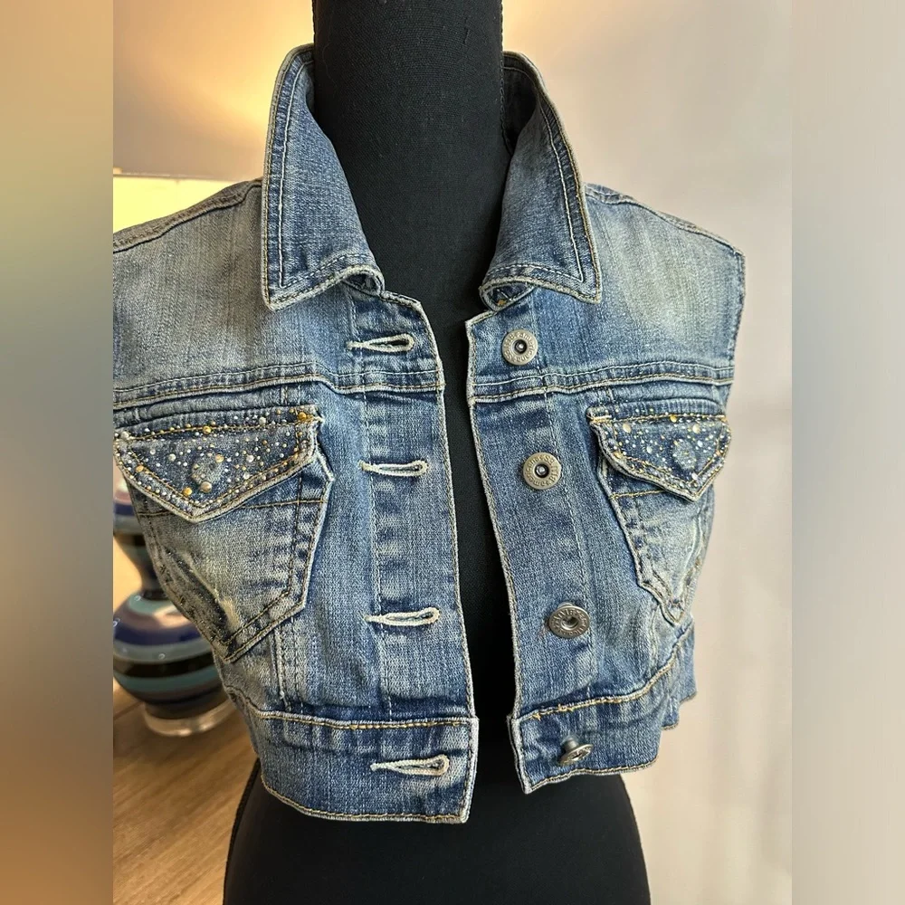 Americana Blues Distressed Embellished Sleeveless Vest - Size S - Picture 6 of 13